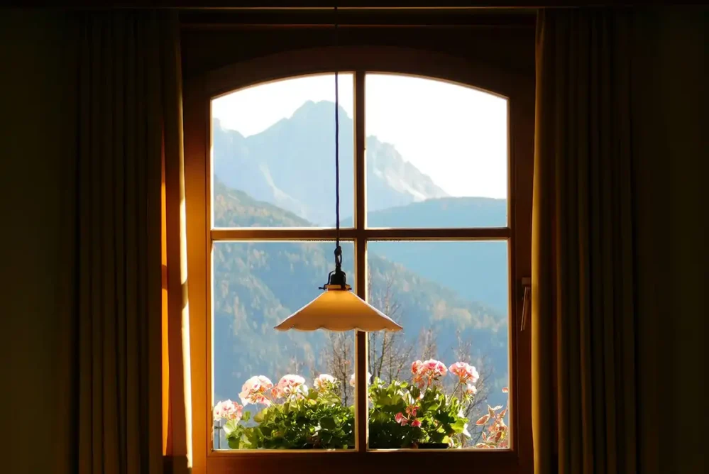 A window looking out on a sunny mountain scene.